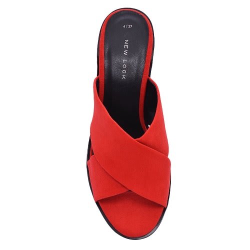 Red Suedette Cross Strap Low Block Heel Mules