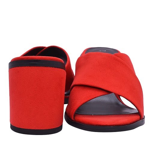 Red Suedette Cross Strap Low Block Heel Mules