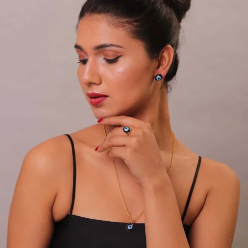 Blue Eye Jewelry Set For Women With Pendant Necklace  Earring And Ring