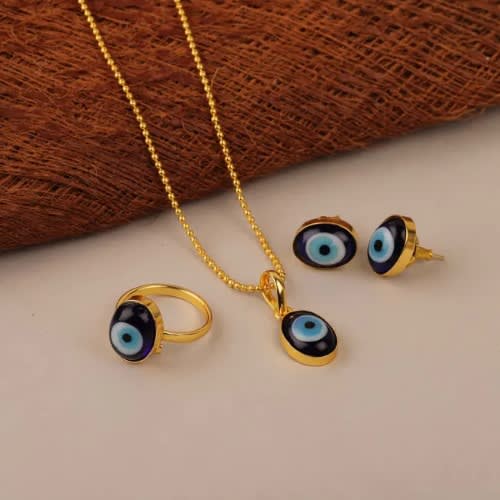 Blue Eye Jewelry Set For Women With Pendant Necklace  Earring And Ring