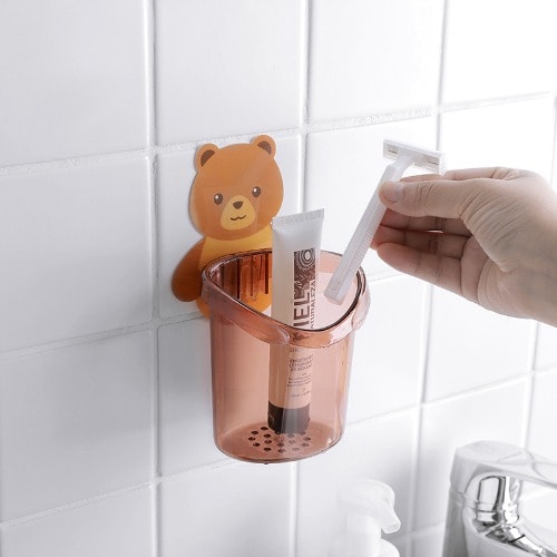 Teddy Bear Wall Mounted Toothbrush Holder Cup Punch Free Storage Rack