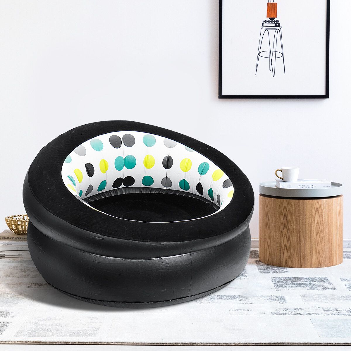 Indoor Inflatable Lounge Chair Portable Lazy Sofa Travel Air Round Seat Adult Black(with Dot)