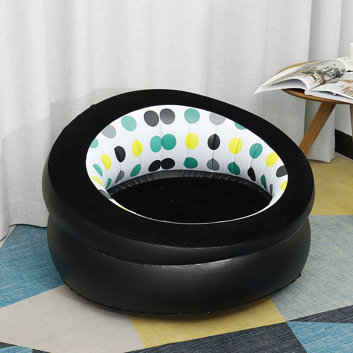 Indoor Inflatable Lounge Chair Portable Lazy Sofa Travel Air Round Seat Adult Black(with Dot)