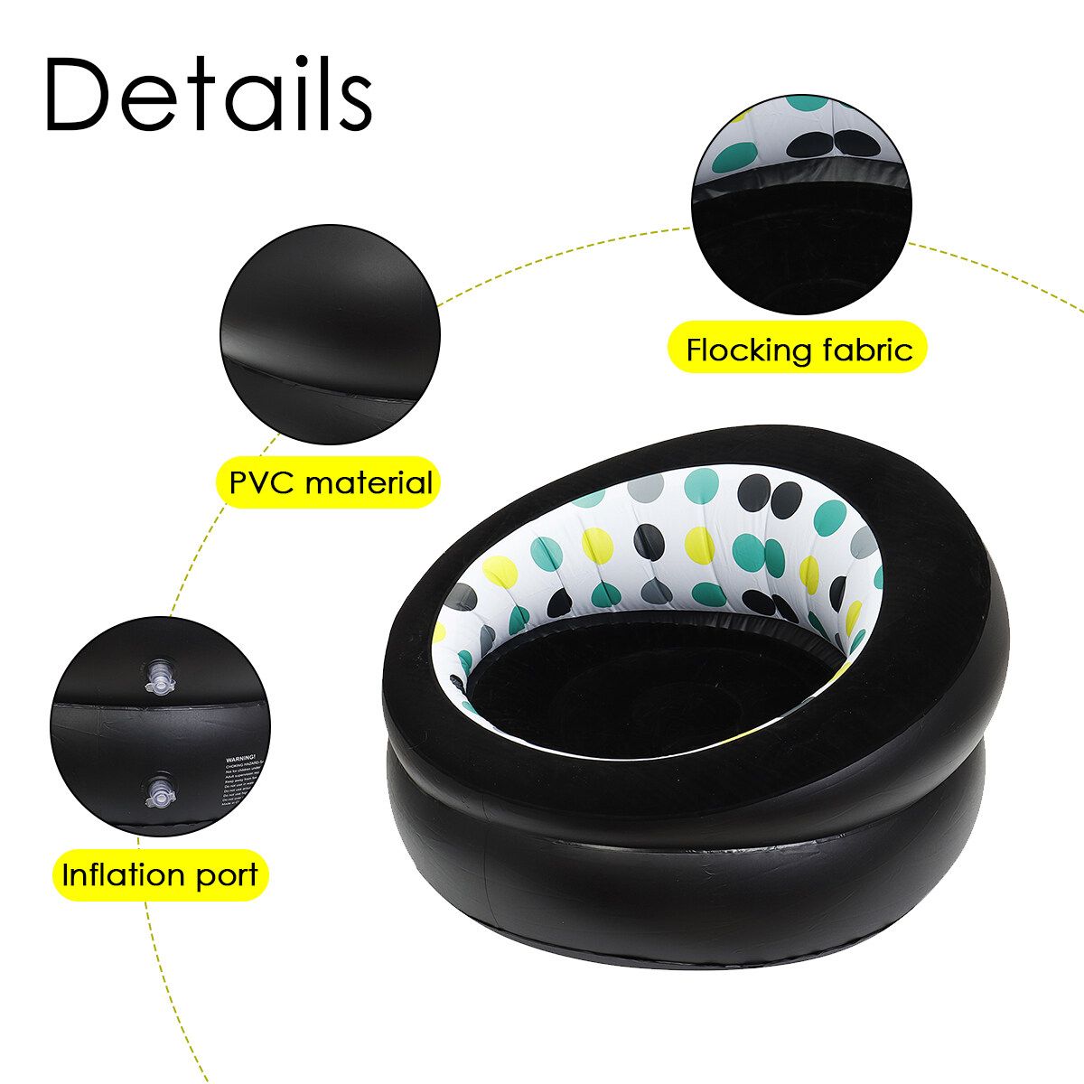 Indoor Inflatable Lounge Chair Portable Lazy Sofa Travel Air Round Seat Adult Black(with Dot)