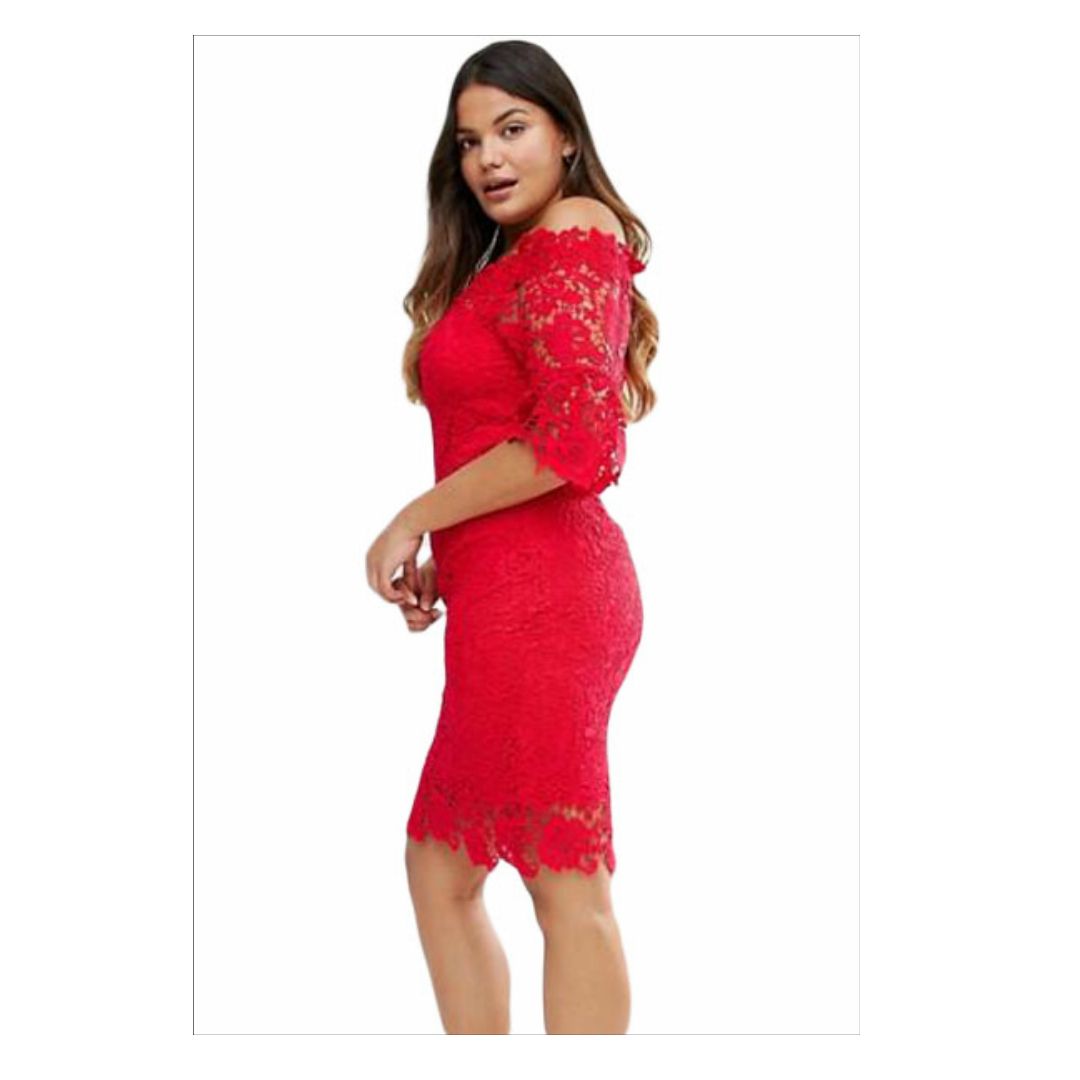 Mfed Red Hollow Out Floral Lace Plus Off Shoulder Dress