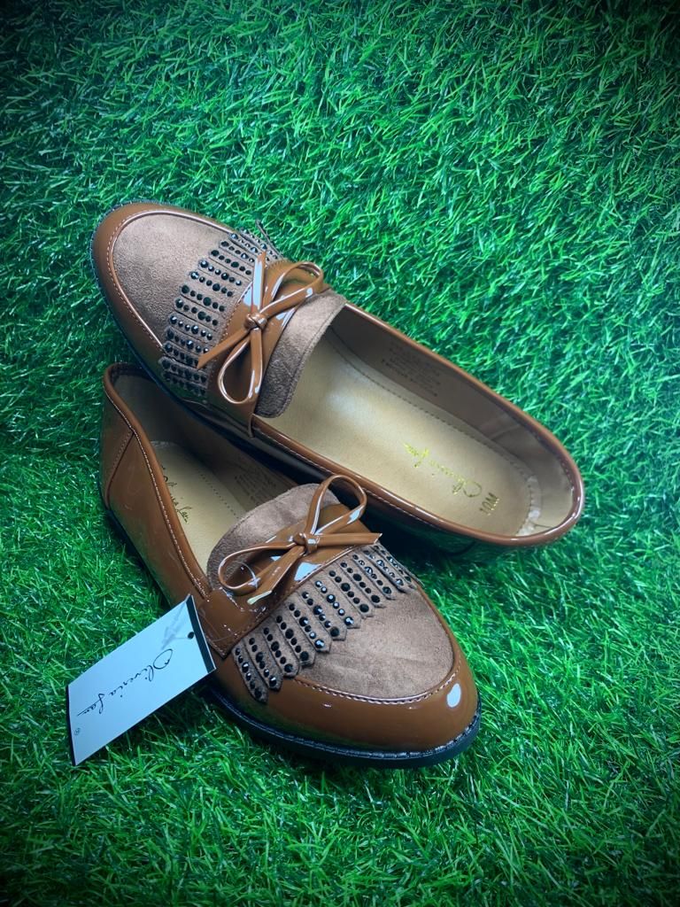 New Style Oliveria Corporate Bow Tie Ladies Loafers Casual Shoes - Brown