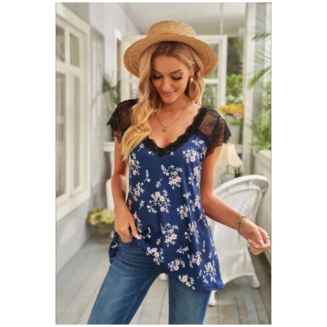 Mfed Blue Eyelash V Neck Floral Tank
