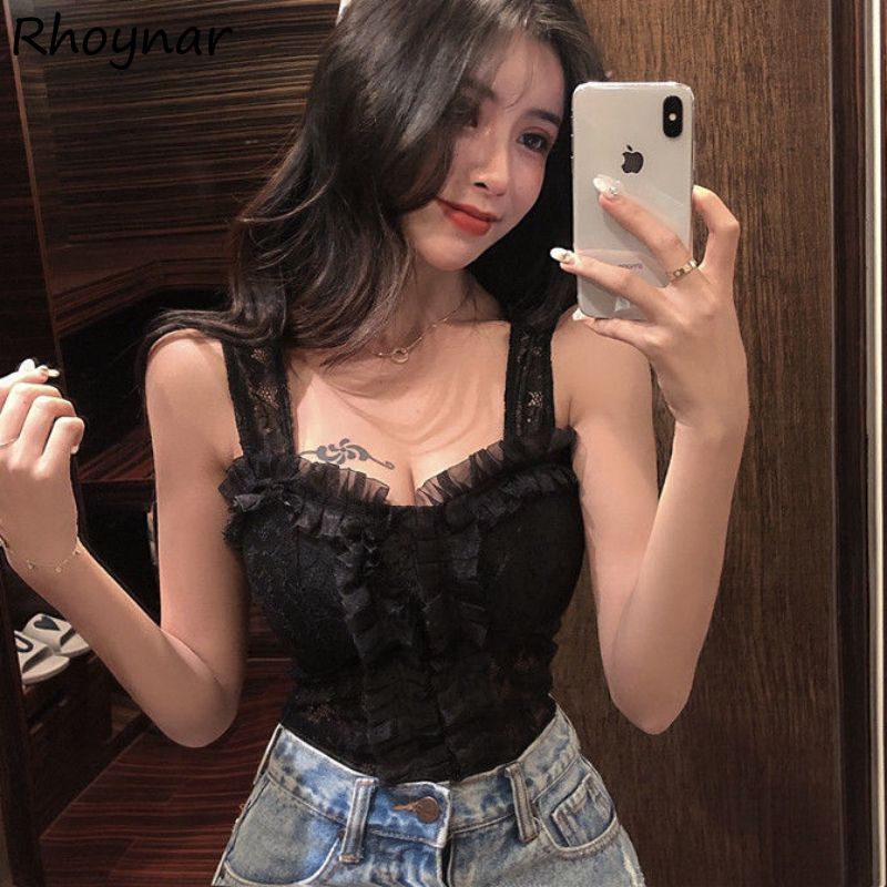 (white)Camisole Women Lace New Elegant Solid Design Vintage Ladies Simple Soft Daily Leisure All-match Chic Fit Crop Tops Summer Sweet WEF