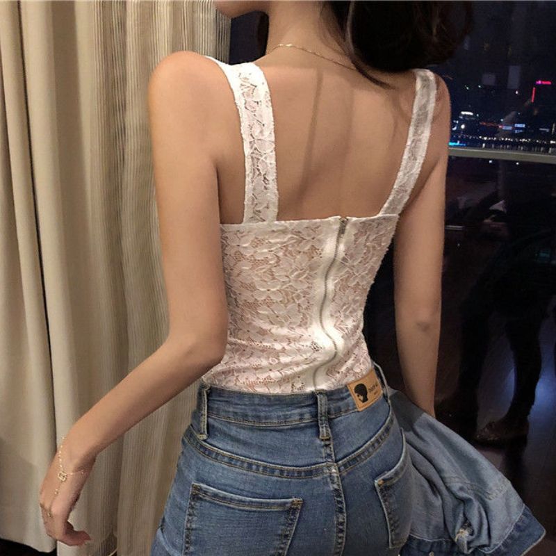 (white)Camisole Women Lace New Elegant Solid Design Vintage Ladies Simple Soft Daily Leisure All-match Chic Fit Crop Tops Summer Sweet WEF