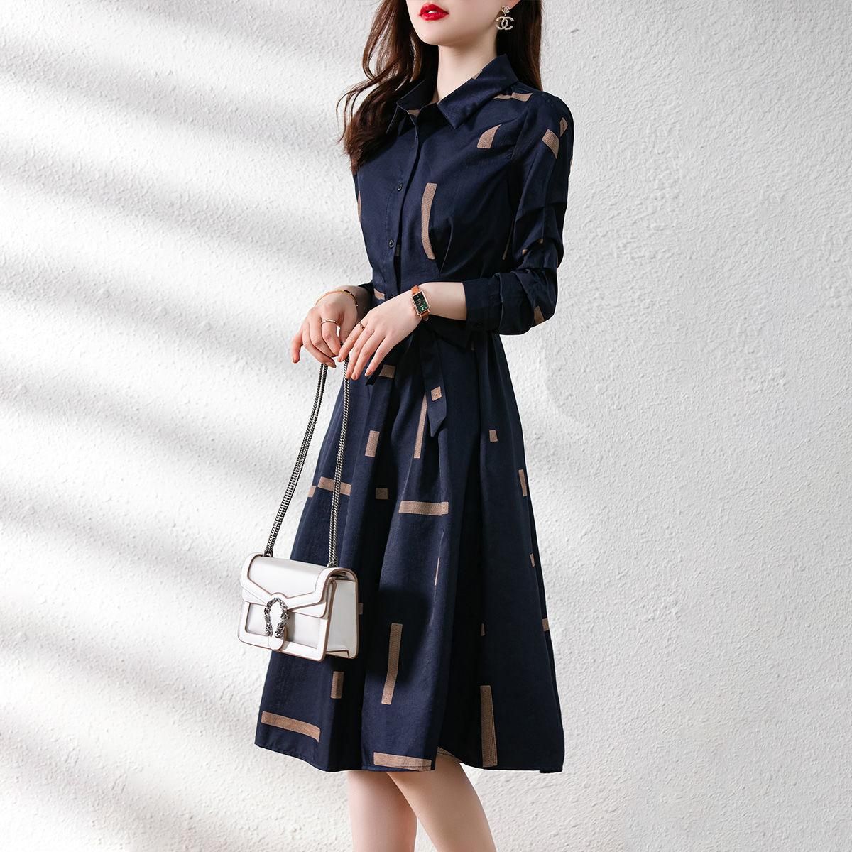 2021 Spring Dress Temperament Simple Polo Collar Contrast Geometric Belt Slim Shirt Mid length Dress