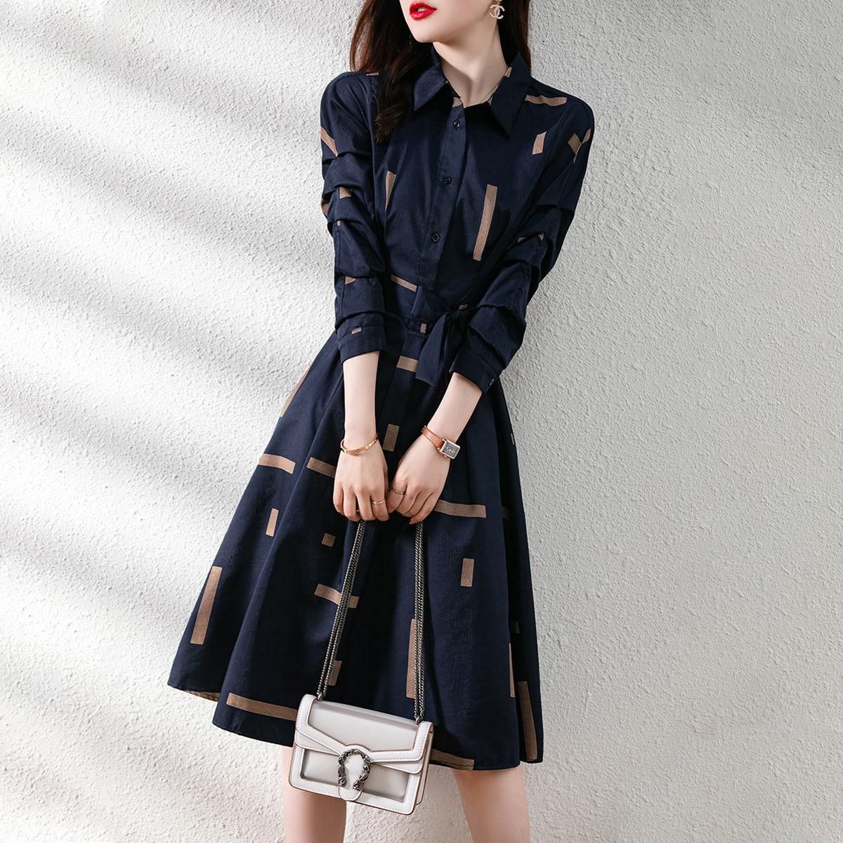 2021 Spring Dress Temperament Simple Polo Collar Contrast Geometric Belt Slim Shirt Mid length Dress