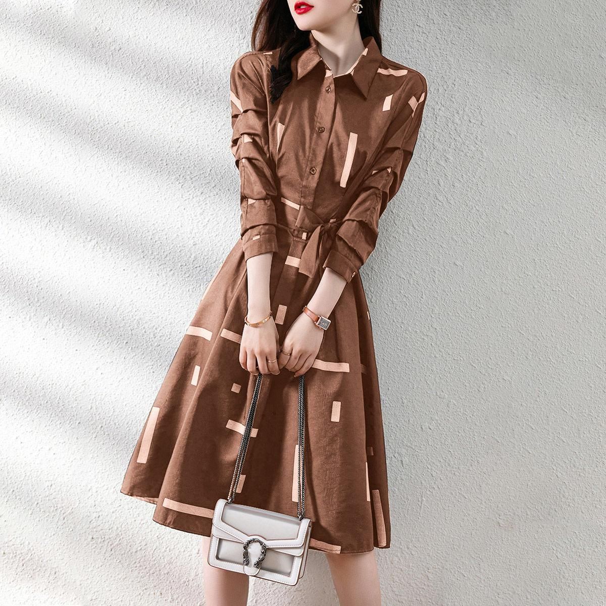 2021 Spring Dress Temperament Simple Polo Collar Contrast Geometric Belt Slim Shirt Mid length Dress