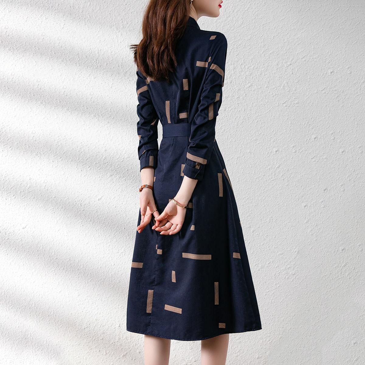 2021 Spring Dress Temperament Simple Polo Collar Contrast Geometric Belt Slim Shirt Mid length Dress