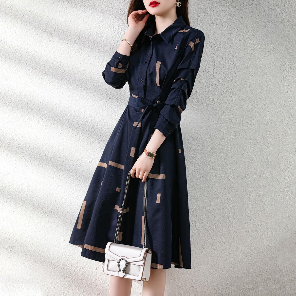 2021 Spring Dress Temperament Simple Polo Collar Contrast Geometric Belt Slim Shirt Mid length Dress