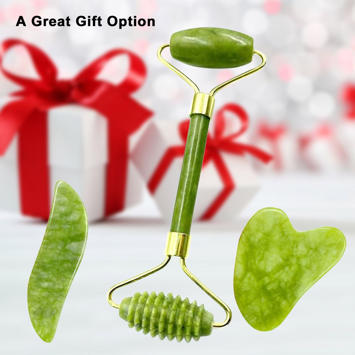 Jade Stone Set Jade Roller & 2 Gua Sha Scrapers In