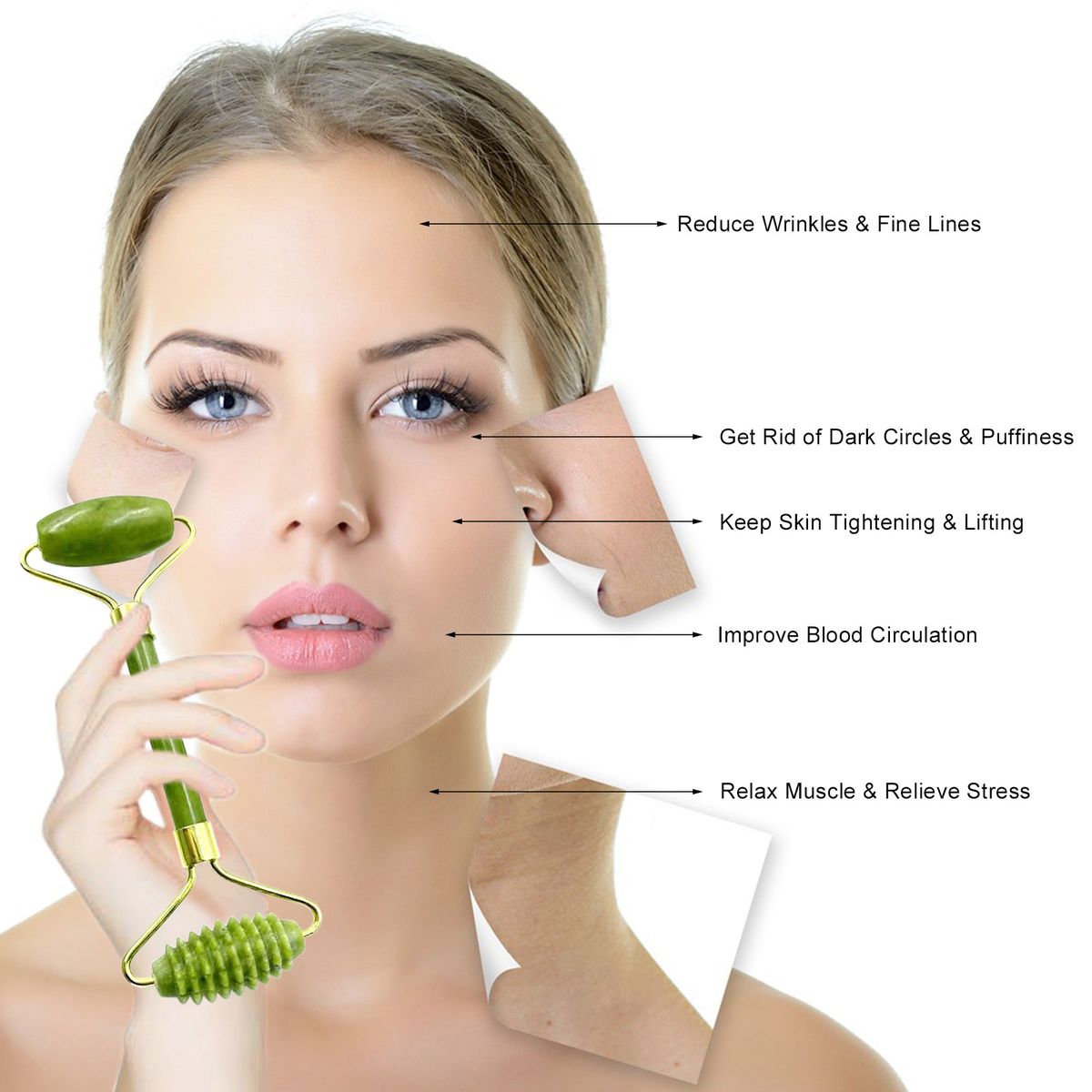 Jade Stone Set Jade Roller & 2 Gua Sha Scrapers In