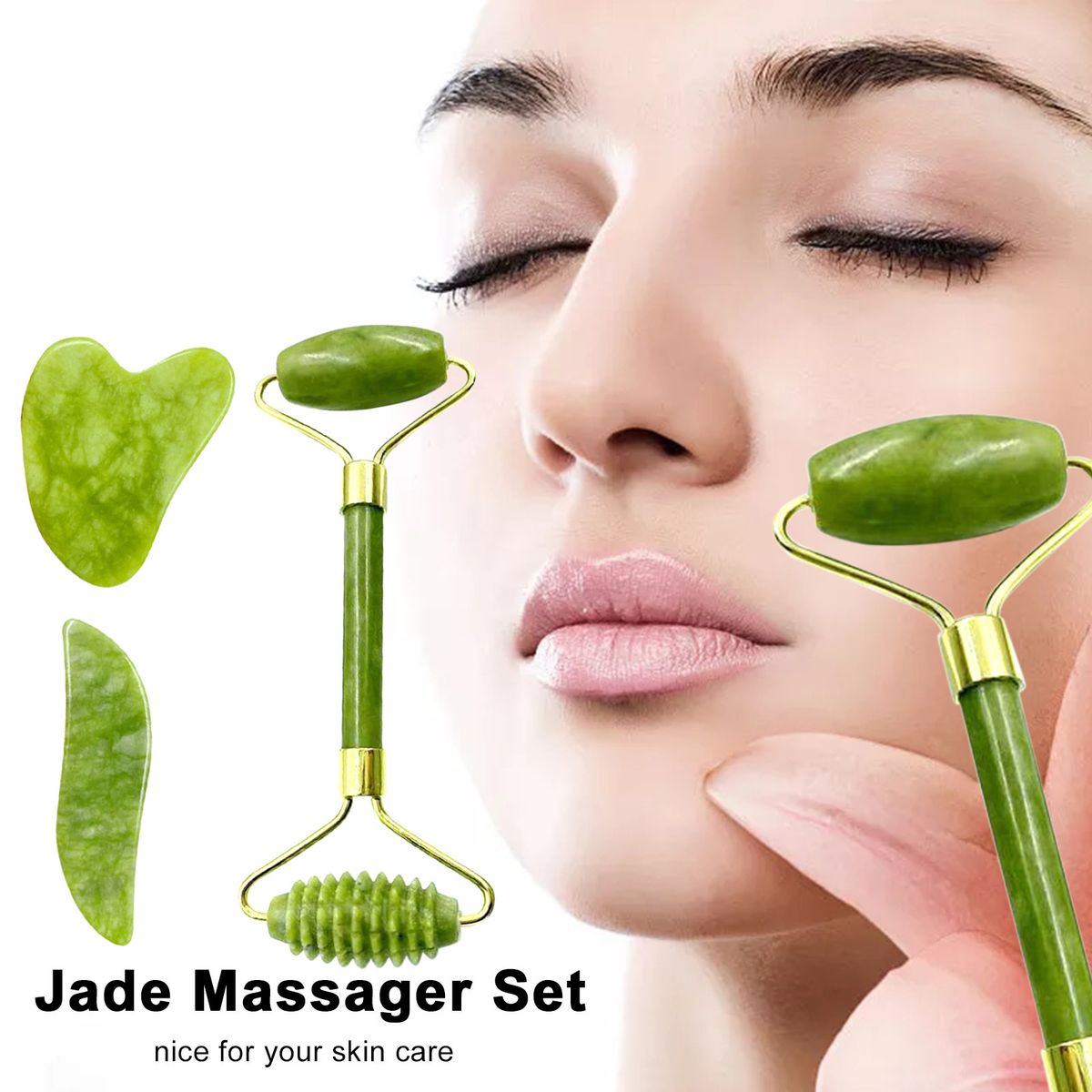 Jade Stone Set Jade Roller & 2 Gua Sha Scrapers In
