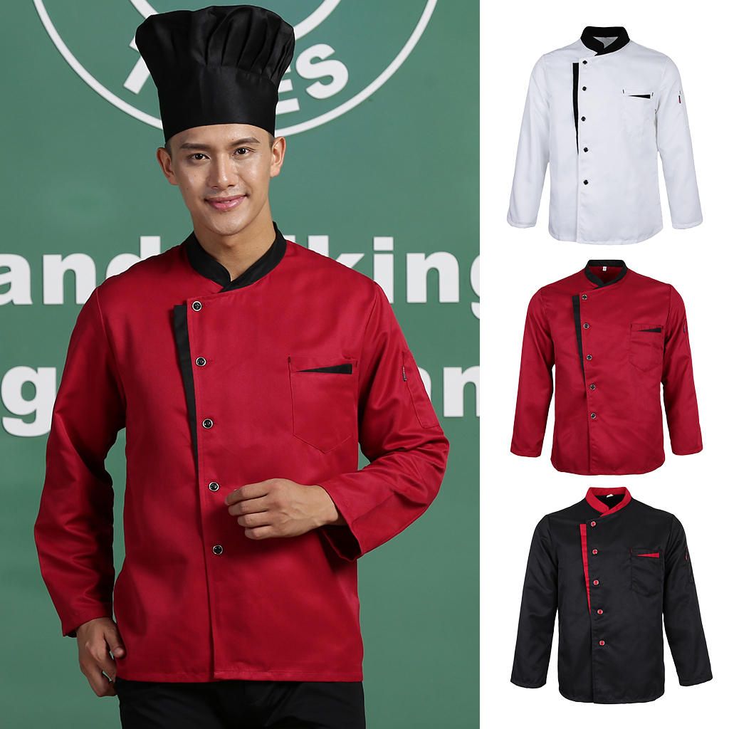 Long Sleeves Chef Jacket Coat Hotel Waiters Kitchen Uniform Black M