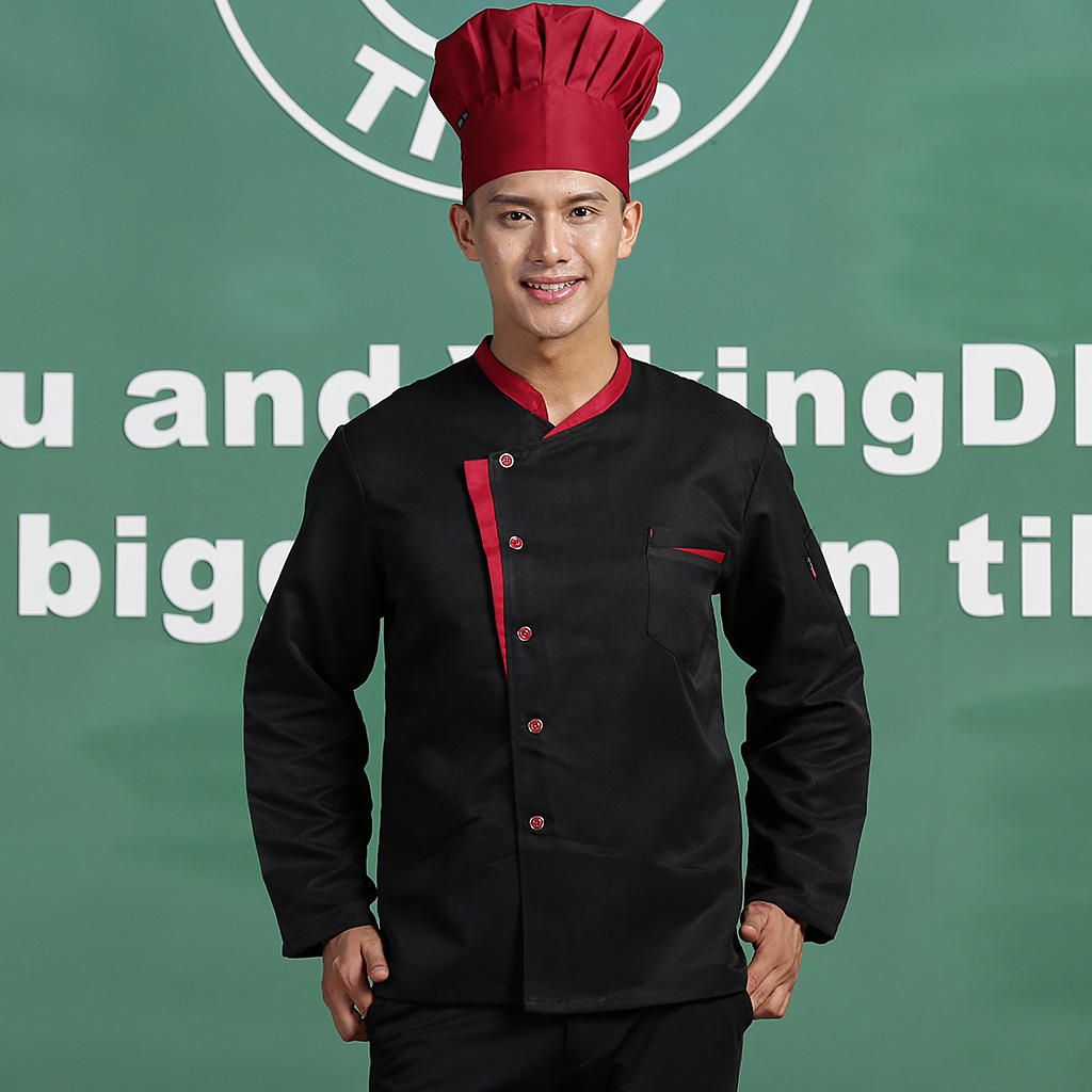 Long Sleeves Chef Jacket Coat Hotel Waiters Kitchen Uniform Black M