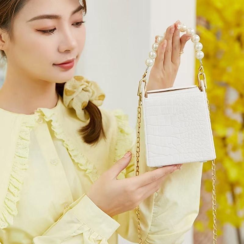 Ladies Hand Bag Leather Handbags Pearl Crossbody Bag Women Shoulder Bags Small White