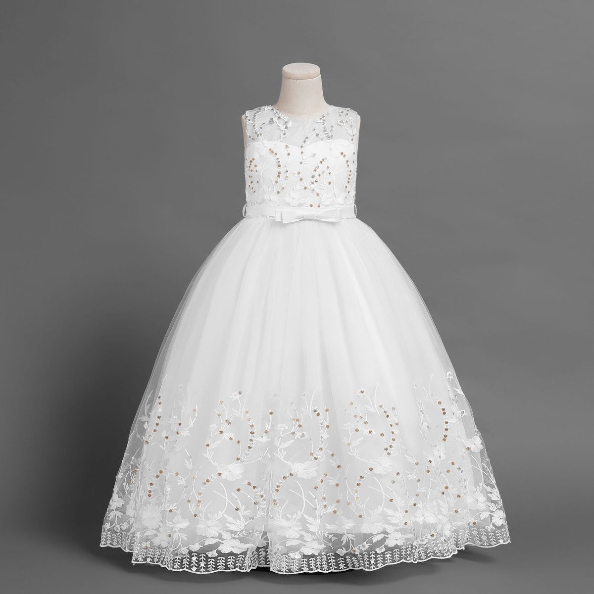 GIRL LUXURY DECORATED LONG GOWN -  WHITE - G397