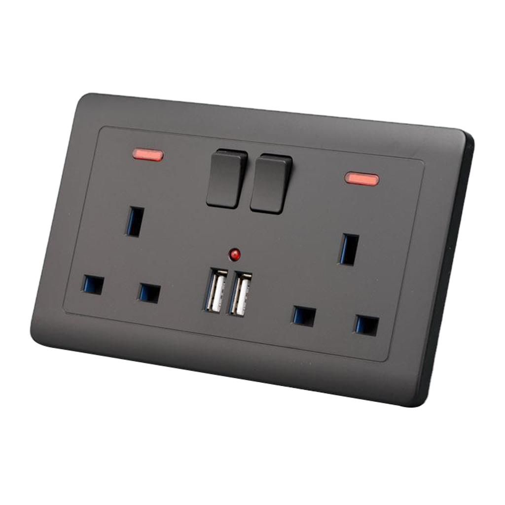 Wall UK Plug Socket 2 Gang 13A  Charger Port  Black