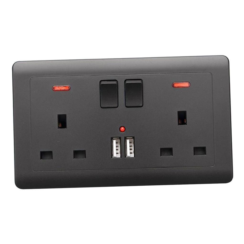 Wall UK Plug Socket 2 Gang 13A  Charger Port  Black