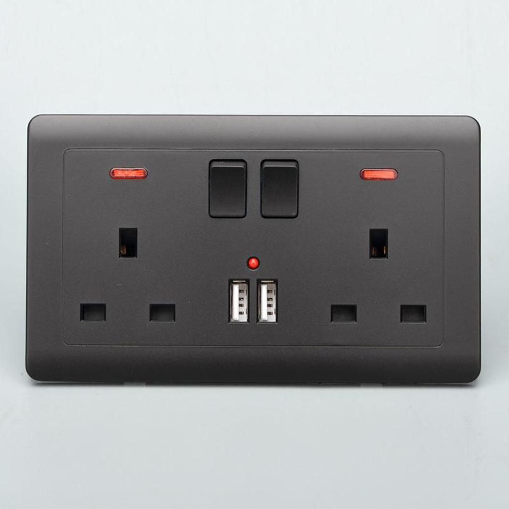 Wall UK Plug Socket 2 Gang 13A  Charger Port  Black