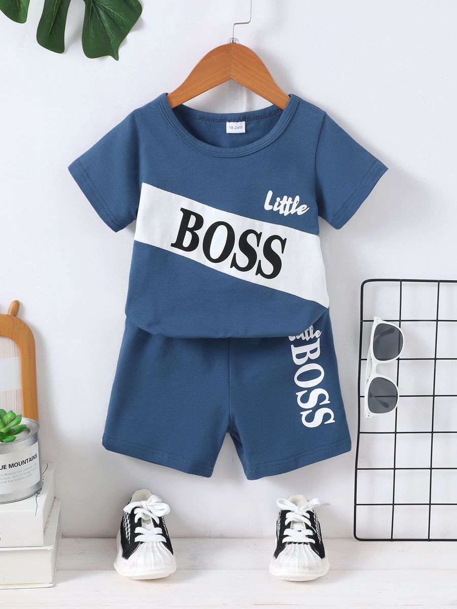 2PCS Clothes Set Kid Boy Letter Boss T-shirt+ Shorts