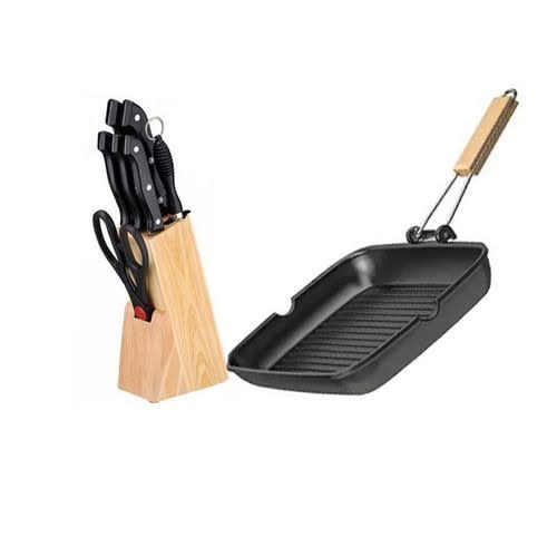 Knife Set With Nonstick Grilling Pan With Foldable Handle