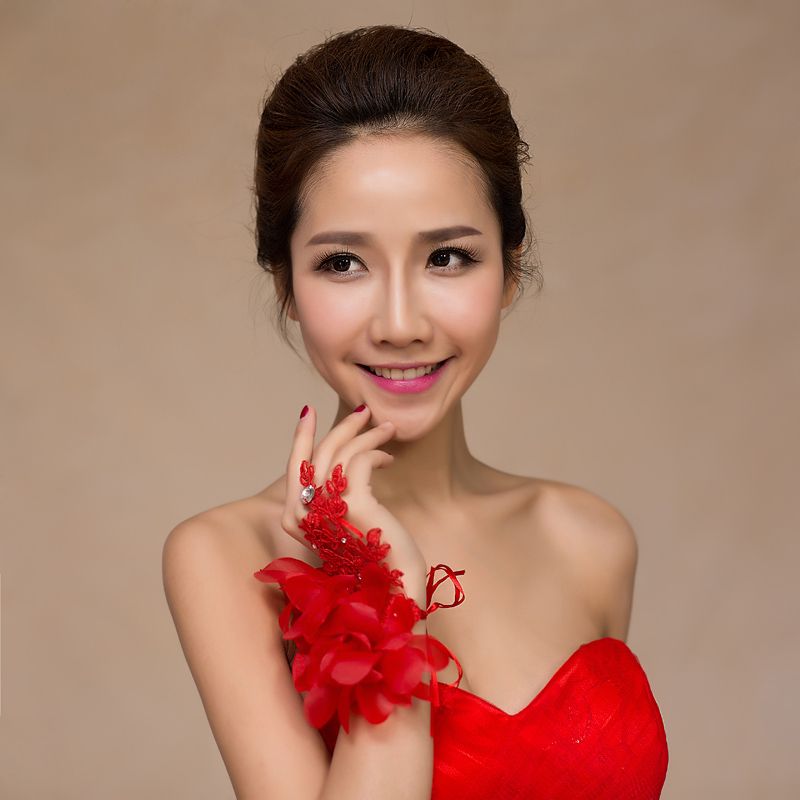 Cheap One Size Red Fingerless Bridal Gloves Lace Crystal