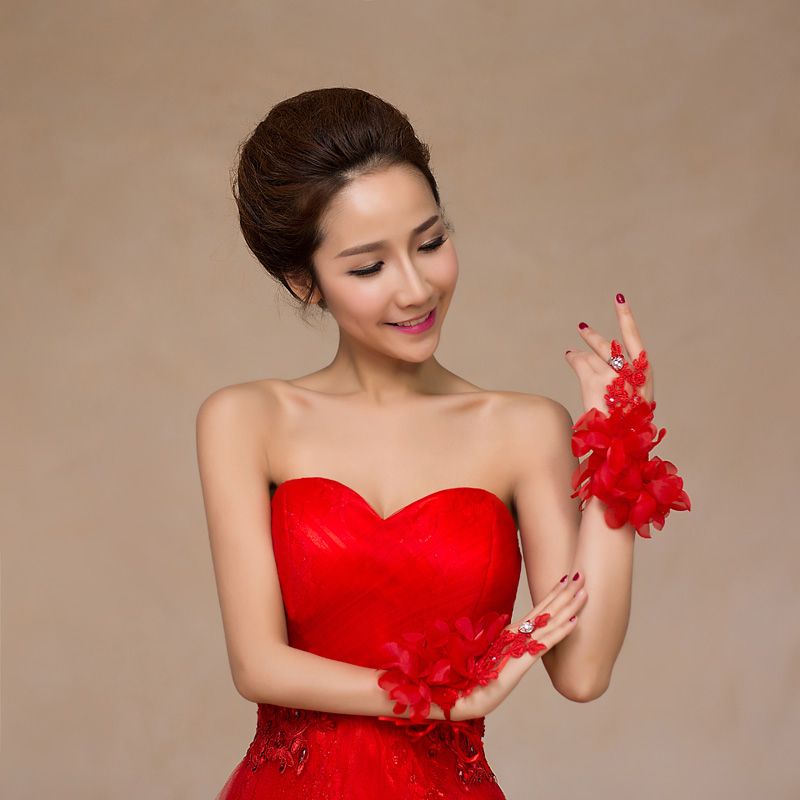 Cheap One Size Red Fingerless Bridal Gloves Lace Crystal