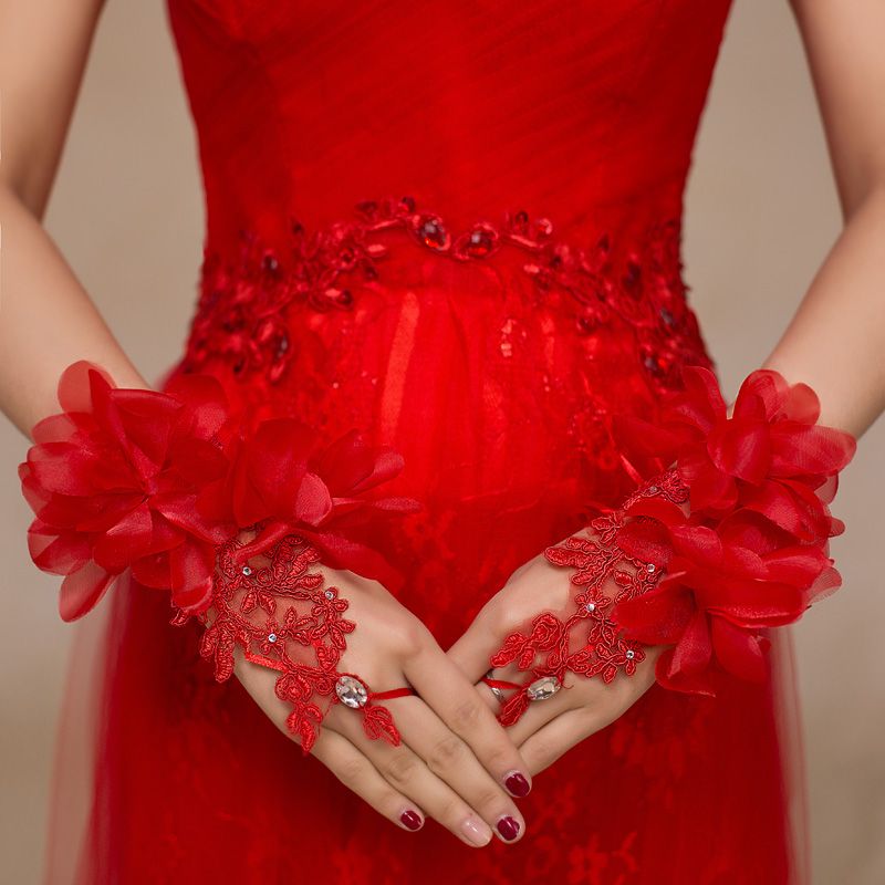 Cheap One Size Red Fingerless Bridal Gloves Lace Crystal