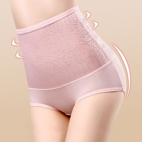 Women High Waist Rose Jacquard Tummy Control Lift Hip Cotton Panties-Complexion