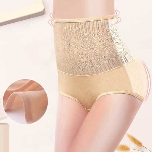 Women High Waist Rose Jacquard Tummy Control Lift Hip Cotton Panties-Complexion