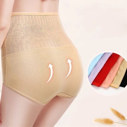 Women High Waist Rose Jacquard Tummy Control Lift Hip Cotton Panties-Complexion