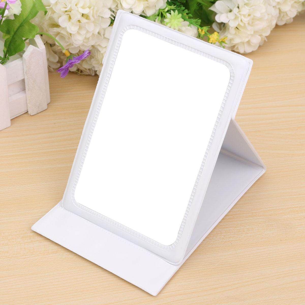 Portable Cosmetic Makeup Miror Folding Pocket Stand Compact Travel PU Leatherr White White