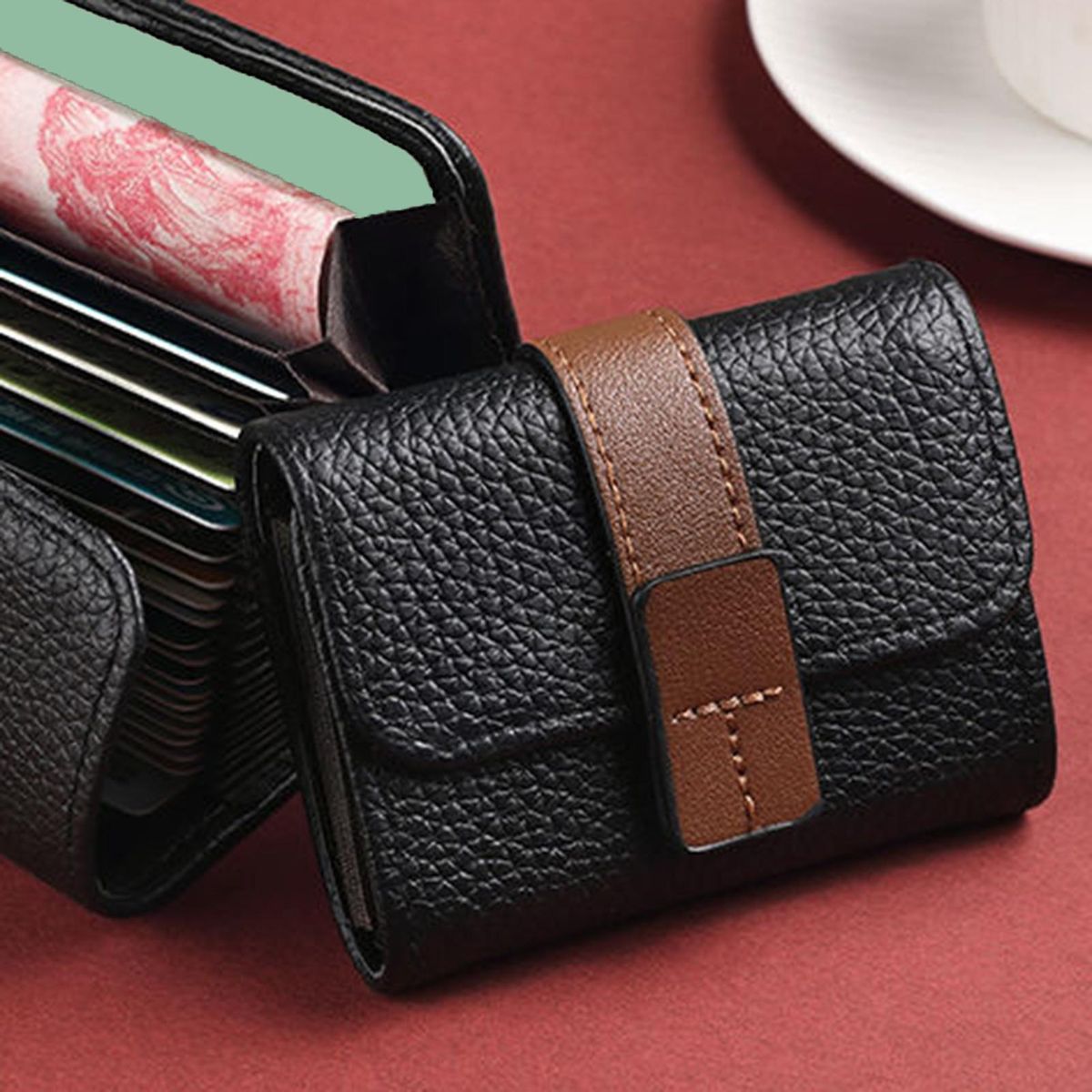 Card Holder Wallet Chic Faux Leather Wallet with Buckle for Students Black