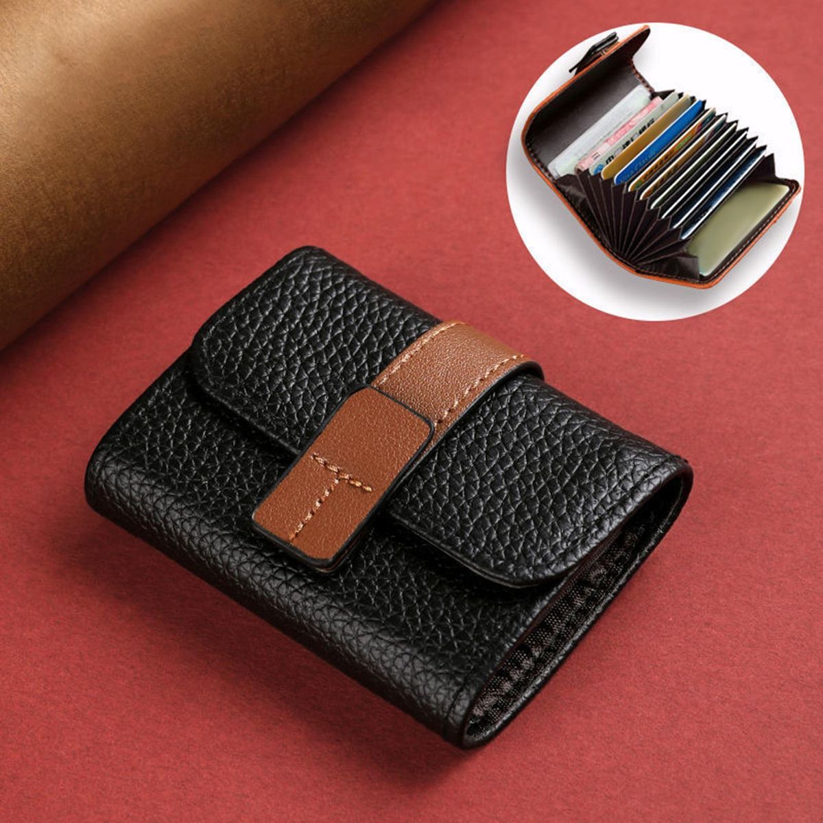 Card Holder Wallet Chic Faux Leather Wallet with Buckle for Students Black