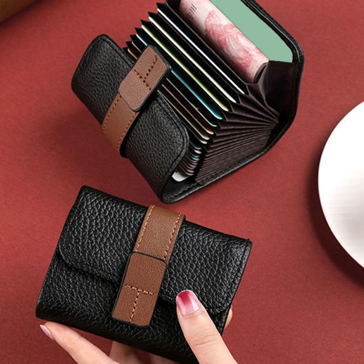Card Holder Wallet Chic Faux Leather Wallet with Buckle for Students Black