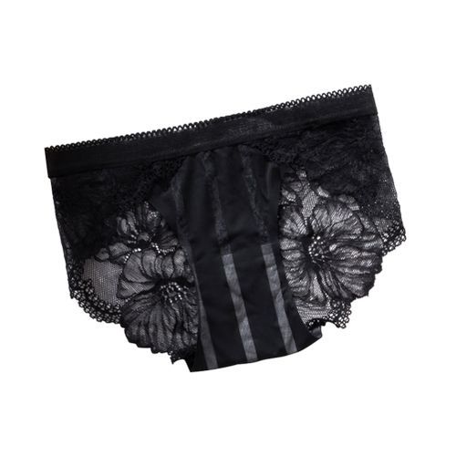 Women Sexy Seamless Jacquard Lace Patchwork Cotton Underwear Briefs-Black