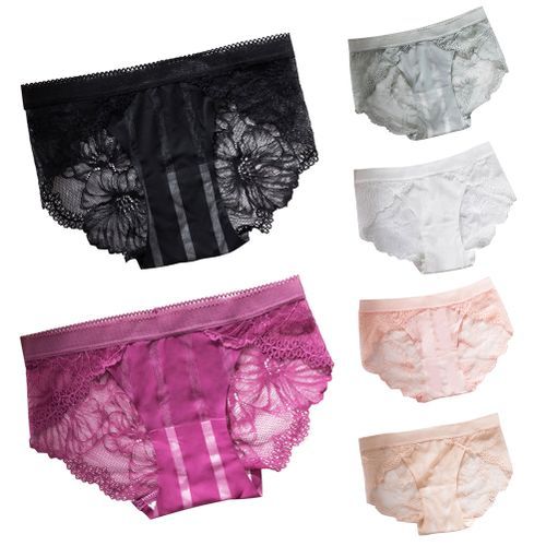 Women Sexy Seamless Jacquard Lace Patchwork Cotton Underwear Briefs-Black