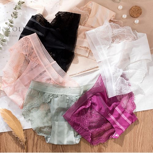 Women Sexy Seamless Jacquard Lace Patchwork Cotton Underwear Briefs-Black