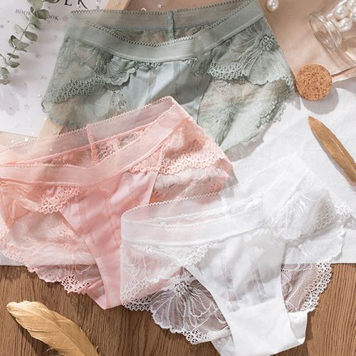 Women Sexy Seamless Jacquard Lace Patchwork Cotton Underwear Briefs-Black