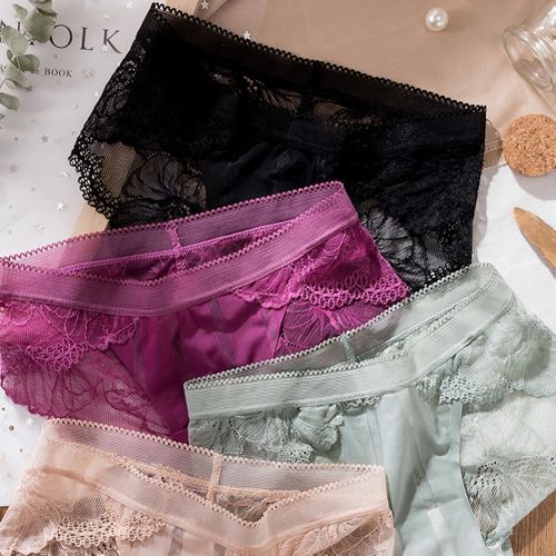 Women Sexy Seamless Jacquard Lace Patchwork Cotton Underwear Briefs-Black