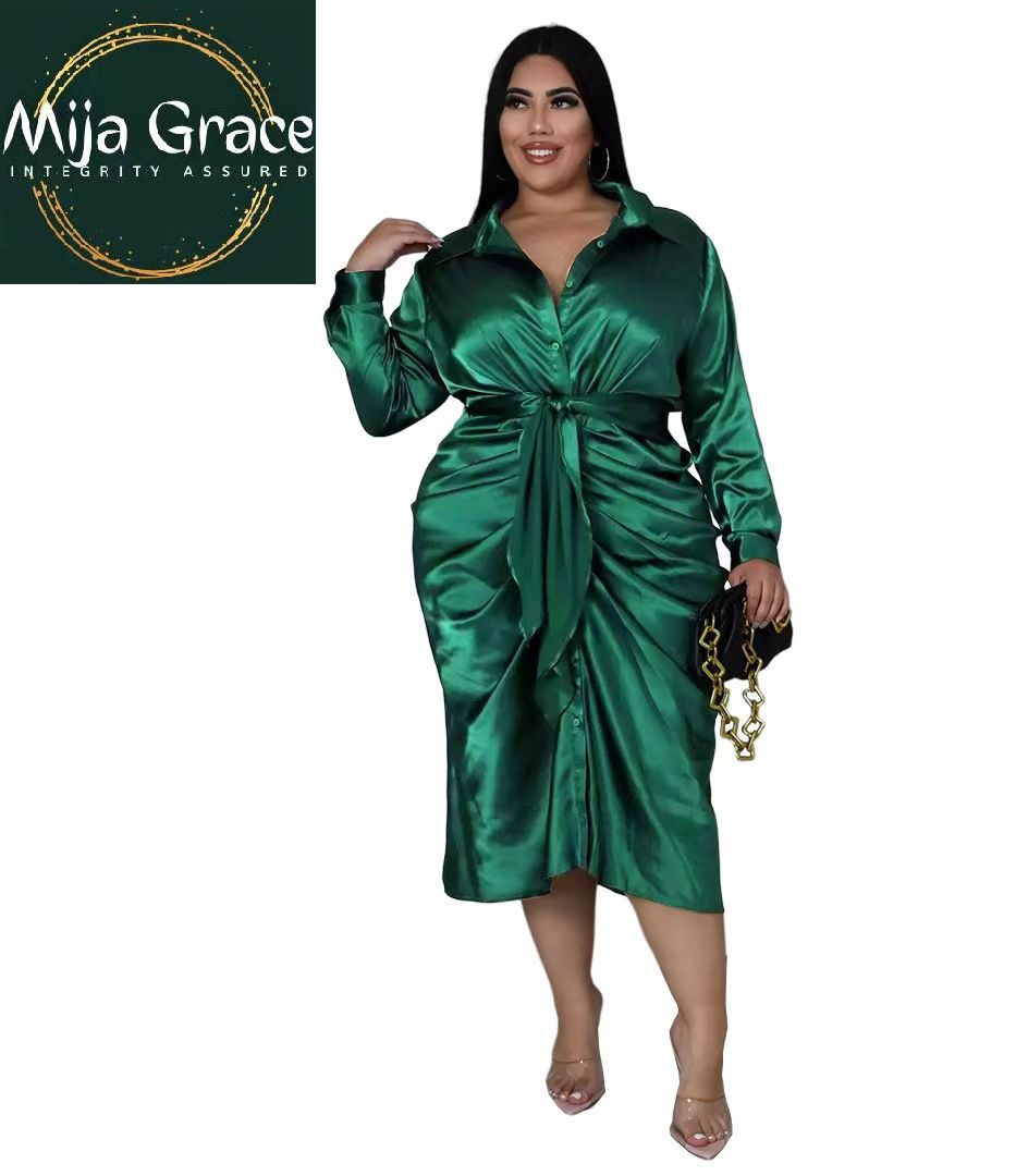 MijaGrace- Women's Elegant Long Sleeve Pleat Satin Evening Dress - GREEN