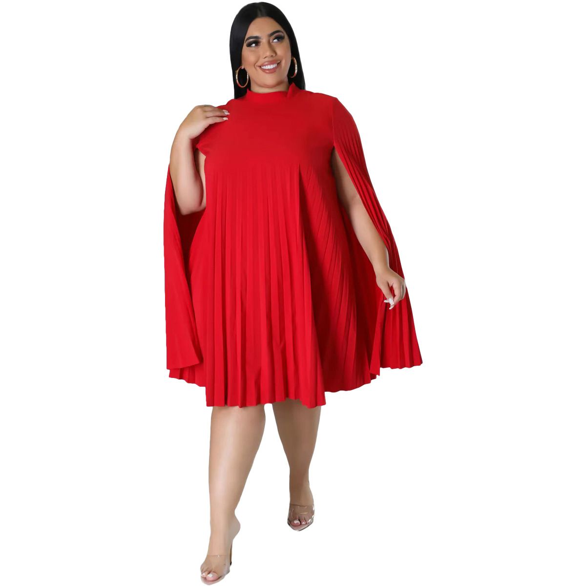 (Red)New Arrivals Autumn Women Party Dress Plus Size Gowns 4XL 5XL Fashion Cape Round Collar Elegant Ladies Casual  Pleats Dresses SAB
