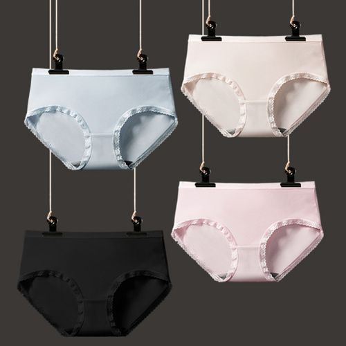 Woman Seamless Sexy Soft Breathable Mid Waist Lace Hem Modal Briefs-Light Gray