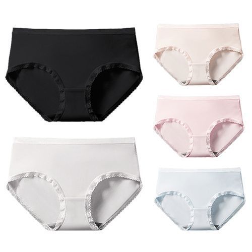 Woman Seamless Sexy Soft Breathable Mid Waist Lace Hem Modal Briefs-Light Gray