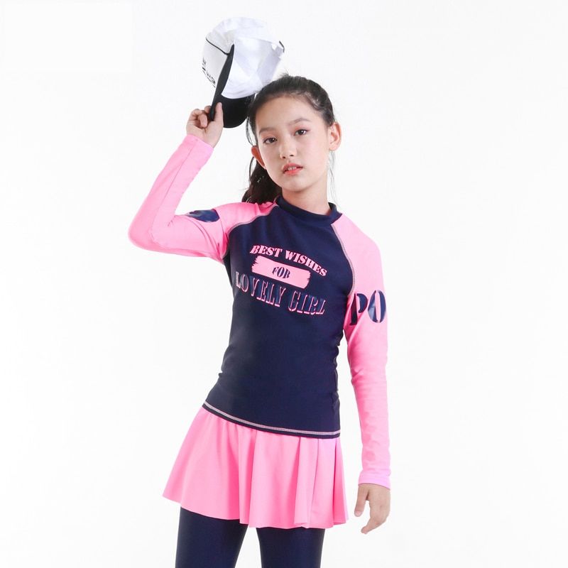 Teenager Girl Rashguard Swimsuit Long Sleeve Padded Shirt Pants With Skirt Chindren Kids Beach Wear 10-16Y Pink